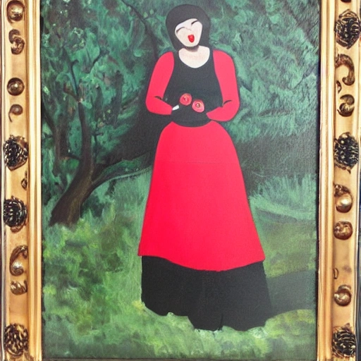 a woman dressing in black dress with pants eating a red apple in the forest oil painting style