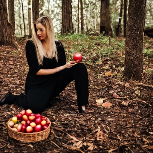 a woman dressing in black dress with pants eating a red apple in the forest 