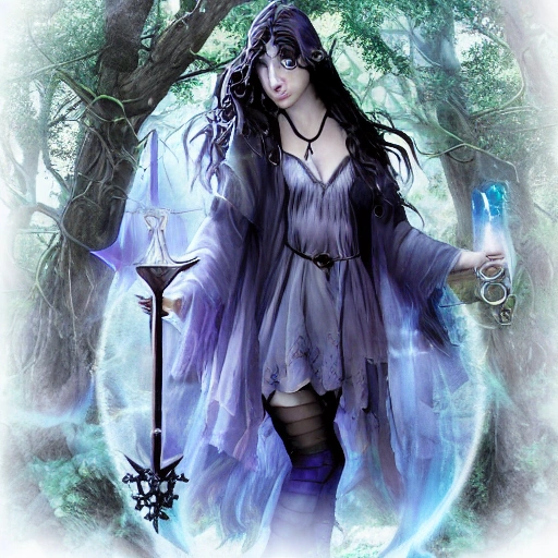 1girl, adventurer spell caster dnd character, Ethereal, willowy, raven-haired, piercing blue eyes, porcelain skin, delicate features, silver pentacle necklace, Enchanted staff, spell book bound in dragonhide, potion satchel, silver-plated athame, enchanted crystal orb, Misty forest, ancient ruins, mystical glade, towering castle, moonlit path, enchanted garden, dark cave, forbidden tower, mystical portal, ancient tomb.