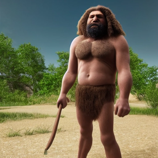 Hyper realistic 4K model, unreal engine Eye level view extra-wide angle full-body portrait of a Caveman who looks like John Sledge, standing character on a white background. Square image.