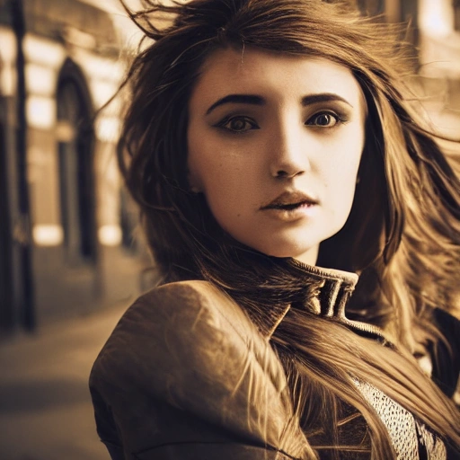 detailed, close up portrait of girl standing in a steampunk city with the wind blowing in her hair, cinematic warm color palette, spotlight, perfect symmetrical face