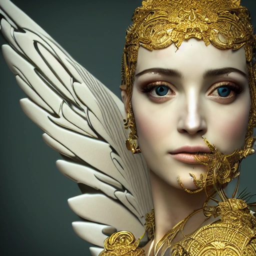 mdjrny-v4 style, symmetric, intricate, centred 3d render ultra detailed of a beautiful porcelain isis covered profile portrait woman with wings, 150 mm, beautiful studio soft light, rim light, vibrant details, luxurious antic, hyperrealistic, anatomical, facial muscles, blade runner atmosphere , elegant, octane render, by caravaggio photos style, 8k