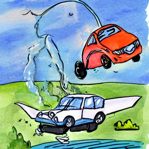 , Cartoon, Water Color man fixing his flying car
