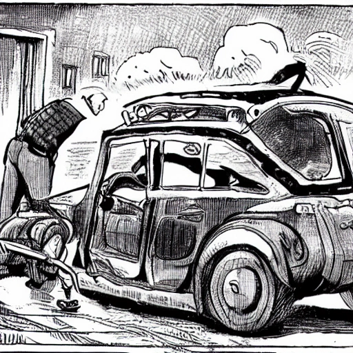 man fixing his flying car 
, Cartoon