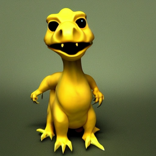yellow dinosaur, 3D, cute, semi realistic, t rex, friendly