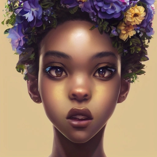 Closeup face portrait of a black girl wearing crown of flowers, smooth soft skin, big dreamy eyes, beautiful intricate colored hair, symmetrical, anime wide eyes, soft lighting, detailed face, by makoto shinkai, stanley artgerm lau, wlop, rossdraws, concept art, digital painting, looking into camera