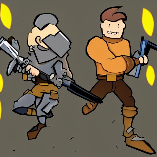 make an image that contains two people with weapons as if it were a cartoon style combat