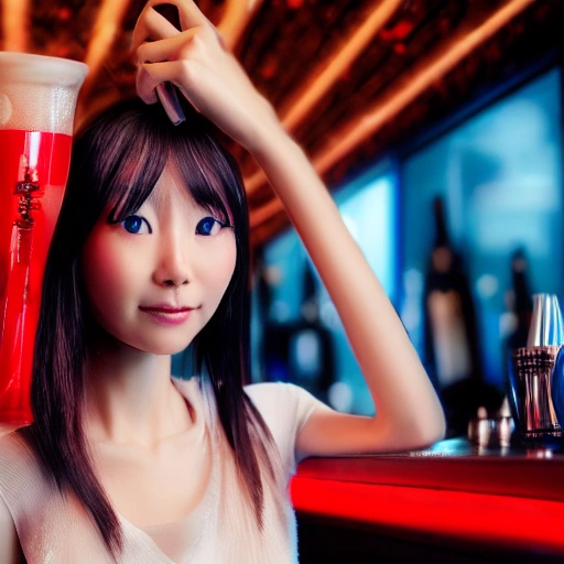 japanesse girl, ultrarealistic, 8k, long hair,  full body, blonde woman blue eyes wearing a long flowing red dress, requesting a cocktail at a bar, on new years eve, in a bladerunner dystopian future