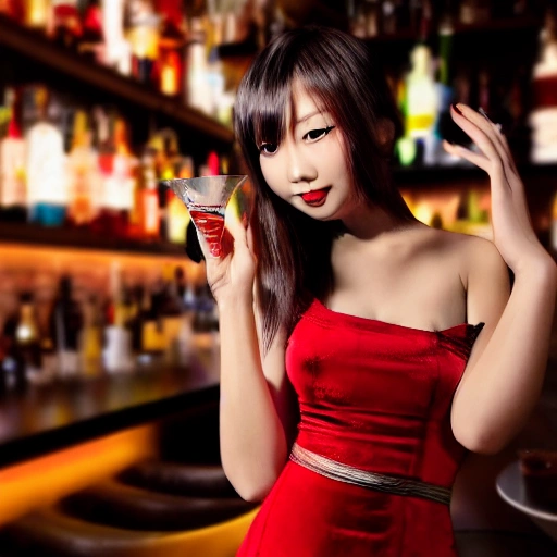 japanesse girl, ultrarealistic, 8k, long hair,  full body, blonde woman blue eyes wearing a long flowing red dress, requesting a cocktail at a bar, on new years eve, in a bladerunner dystopian future