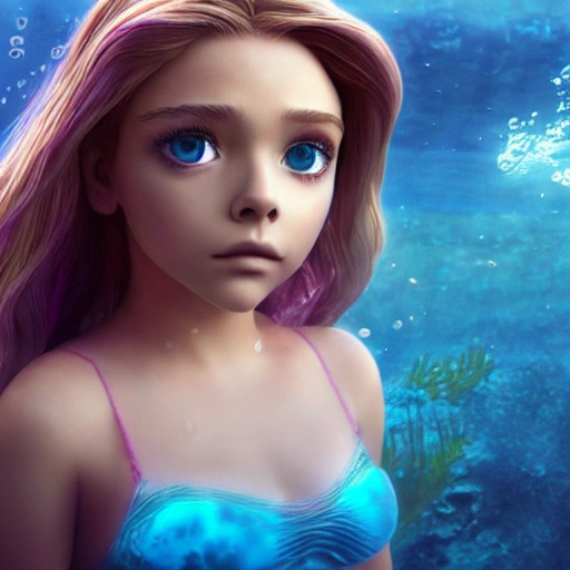 Chloe Moretz as a sirena 🧜‍♀️, swimming under water. (((Anime style))), high definition, ((Simetric face)) , ultra realistic, hyperrealism, focus camera, fog camera, 8k, wallpaper, HDR. 