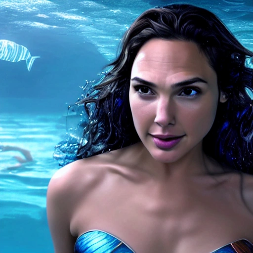 Gal Gadot as a sirena 🧜‍♀️, swimming under water. (((Anime version))), high definition, ((Simetric face)) , ultra realistic, hyperrealism, focus camera, fog camera, 8k, wallpaper, HDR. 