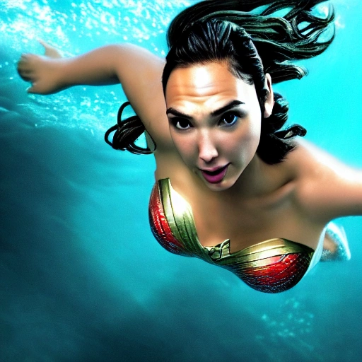 Gal Gadot as a sirena 🧜‍♀️, swimming under water. (((Anime version))), high definition, ((Simetric face)) , ultra realistic, hyperrealism, focus camera, fog camera, 8k, wallpaper, HDR. 