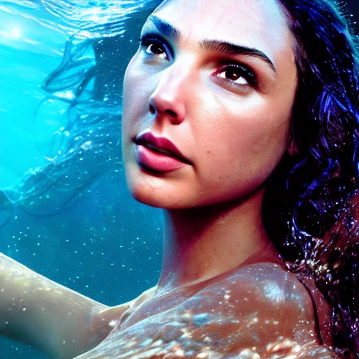 Gal Gadot as a sirena 🧜‍♀️, swimming under water. high definition, ((Simetric face)) , ultra realistic, hyperrealism, focus camera, fog camera, 8k, wallpaper, HDR. 