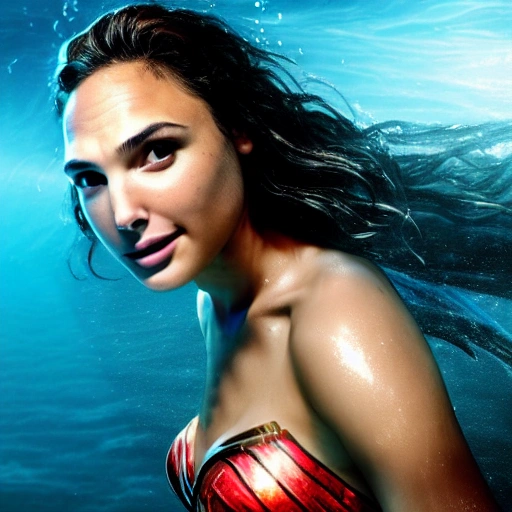 Gal Gadot as a sirena 🧜‍♀️, swimming under water. high definition, ((Simetric face)) , ultra realistic, hyperrealism, focus camera, fog camera, 8k, wallpaper, HDR. 