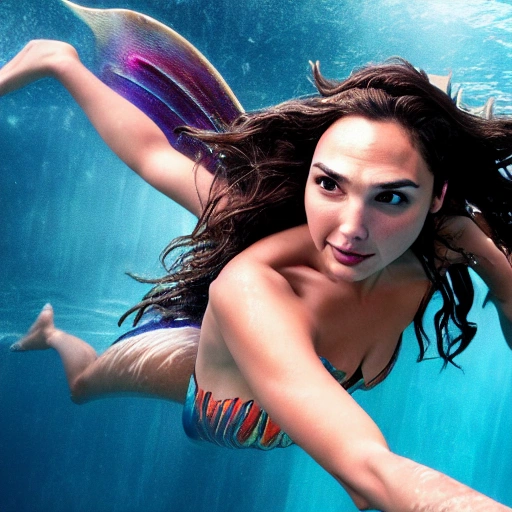 Gal Gadot as a sirena 🧜‍♀️, swimming under water. high definition, ((Simetric face)) , ultra realistic, hyperrealism, focus camera, fog camera, 8k, wallpaper, HDR. 