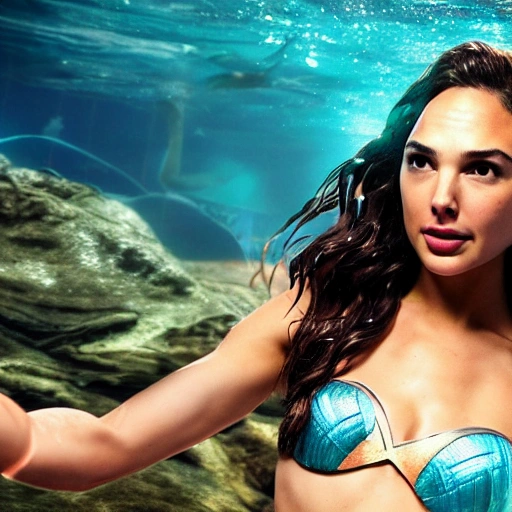 Gal Gadot as a sirena 🧜‍♀️, swimming under water. high definition, ((Simetric face)) , ultra realistic, hyperrealism, focus camera, fog camera, 8k, wallpaper, HDR. 