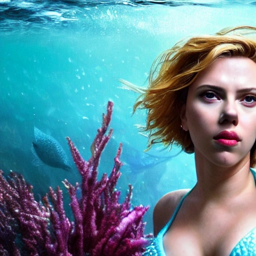 Scarlett Johansson as a sirena 🧜‍♀️, swimming under water. high definition, ((Simetric face)) , ultra realistic, hyperrealism, focus camera, fog camera, 8k, wallpaper, HDR. 