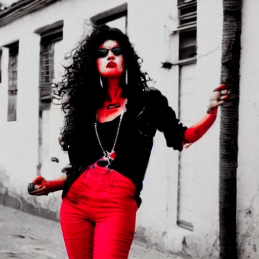 mujer gangster, en calle de los 70s, color rojo y negro, Trippy, Cartoon