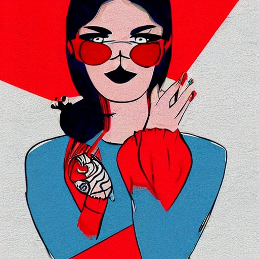 mujer gangster, en calle de los 70s, color rojo y negro, Trippy, Cartoon, 3D