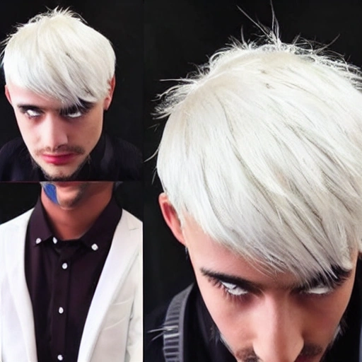 En estilo anime genera un chico de 19 años de cabello blanco rizado, ojos rojos y brillantes, toda su ropa de color blanco, y su tono de piel es pálida de color blanco