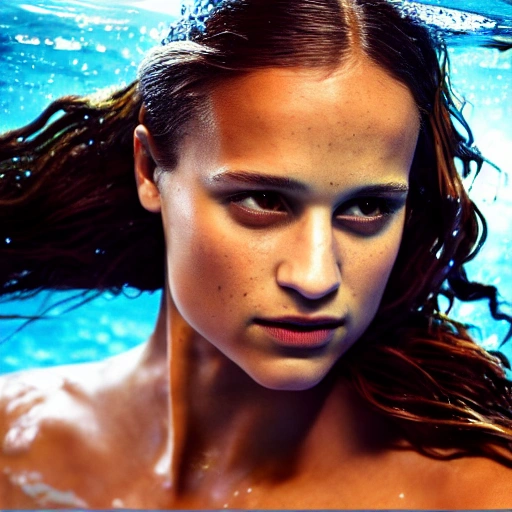 Alicia Vikander as a sirena 🧜‍♀️, swimming under water. high definition, ((Simetric face)) , ultra realistic, hyperrealism, focus camera, fog camera, 8k, wallpaper, HDR. 