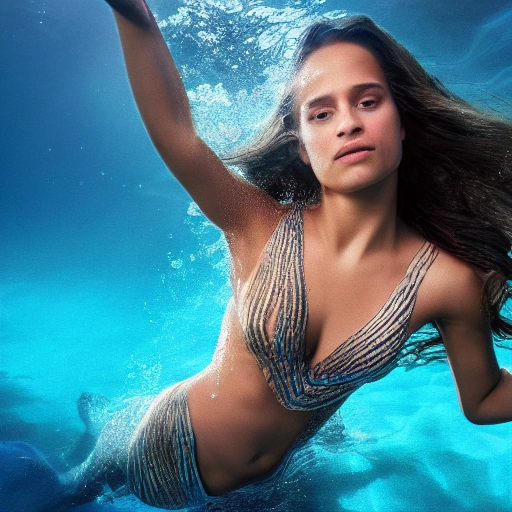 Alicia Vikander as a sirena 🧜‍♀️, swimming under water. high definition, ((Simetric face)) , ultra realistic, hyperrealism, focus camera, fog camera, 8k, wallpaper, HDR. 