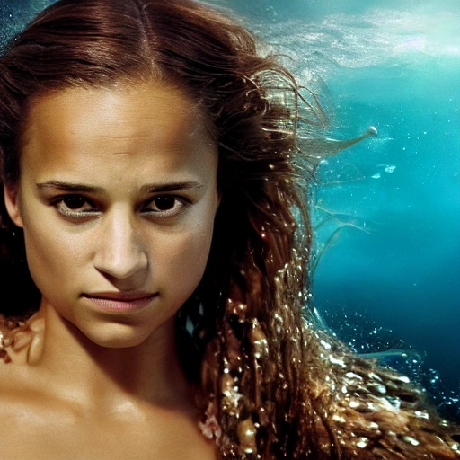 Alicia Vikander as a sirena 🧜‍♀️, swimming under water. high definition, ((Simetric face)) , ultra realistic, hyperrealism, focus camera, fog camera, 8k, wallpaper, HDR. 