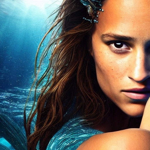 Alicia Vikander as a sirena 🧜‍♀️, swimming under water. high definition, ((Simetric face)) , ultra realistic, hyperrealism, focus camera, fog camera, 8k, wallpaper, HDR. 