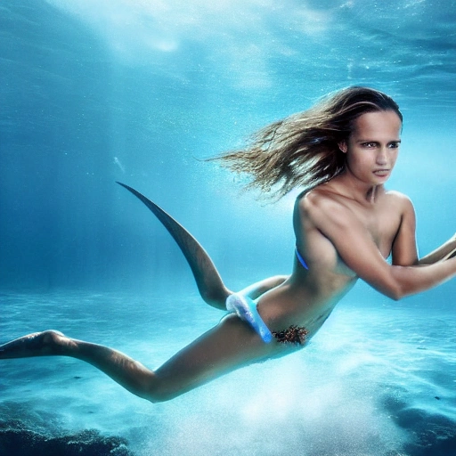 Alicia Vikander as a sirena 🧜‍♀️, swimming under water. high definition, ((Simetric face)) , ultra realistic, hyperrealism, focus camera, fog camera, 8k, wallpaper, HDR. 