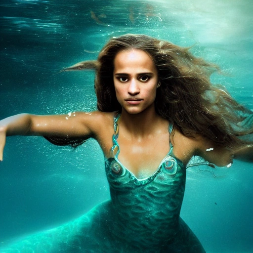 Alicia Vikander as a sirena 🧜‍♀️, swimming under water. high definition, ((Simetric face)) , ultra realistic, hyperrealism, focus camera, fog camera, 8k, wallpaper, HDR. 