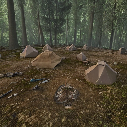 Hyper realistic 4D model, Unreal Engine, Eye level view of a Neanderthal Campsite in the middle of a dense forest. The camp consists of a small group of huts made of branches and animal hides. A fire burns in the center of the camp, surrounded by stones that have been used for cooking and warmth. Nearby, a group of Neanderthals are working on various tasks, such as preparing food, making tools, and caring for young ones. The air is filled with the sounds of animals and the smoke from the fire, and the sunlight filters through the trees, casting dappled light on the camp.