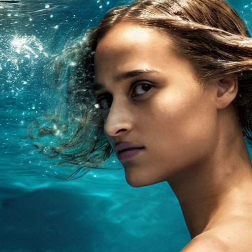 Alicia Vikander as a sirena 🧜‍♀️, swimming under water. high definition, ((Simetric face)) , ultra realistic, hyperrealism, focus camera, fog camera, 8k, wallpaper, HDR. 