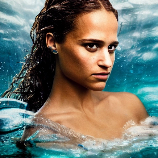 Alicia Vikander as a sirena 🧜‍♀️, swimming under water. high definition, ((Simetric face)) , ultra realistic, hyperrealism, focus camera, fog camera, 8k, wallpaper, HDR. 