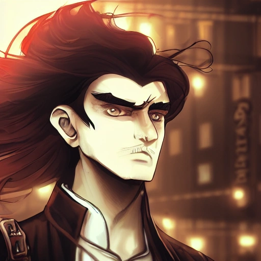 detailed, close up portrait men standing in a steampunk city with the wind blowing in his hair, cinematic warm color palette, spotlight, perfect symmetrical face, helssing anime's alucard, blood moon,8K, english man, Anime style, solider, ultra realistic.