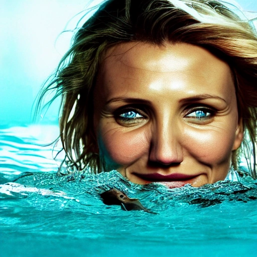 Cameron Diaz as a sirena 🧜‍♀️, swimming under water. high definition, ((Simetric face)) , ultra realistic, hyperrealism, focus camera, fog camera, 8k, wallpaper, HDR. 