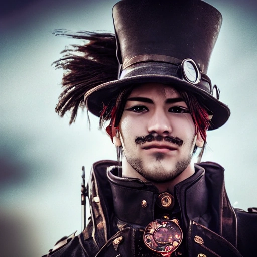 detailed, close up portrait men standing in a steampunk city with the wind blowing in his hair, cinematic warm color palette, spotlight, perfect symmetrical face, helssing anime's alucard, blood moon,8K, english man, Anime style, solider, ultra realistic.