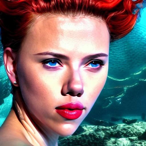 scarlett Johansson as a fish 🧜‍♀️, swimming under water. high definition, ((Simetric face)) , ultra realistic, hyperrealism, focus camera, fog camera, 8k, wallpaper, HDR. 