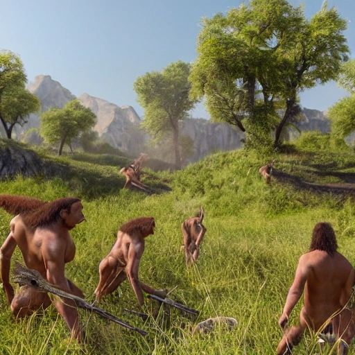 Hyper realistic 4D model, unreal engine, Eye level view of a Neanderthal landscape with small groups of Neanderthals hunting and gathering food at noon while sunny, in summer.