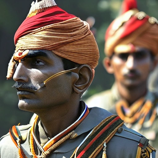 Visualize a powerful medeval indian hindu soldier in the midst of an important historical moment, displaying their skill and bravery as they make a decisive move that will change the course of history

