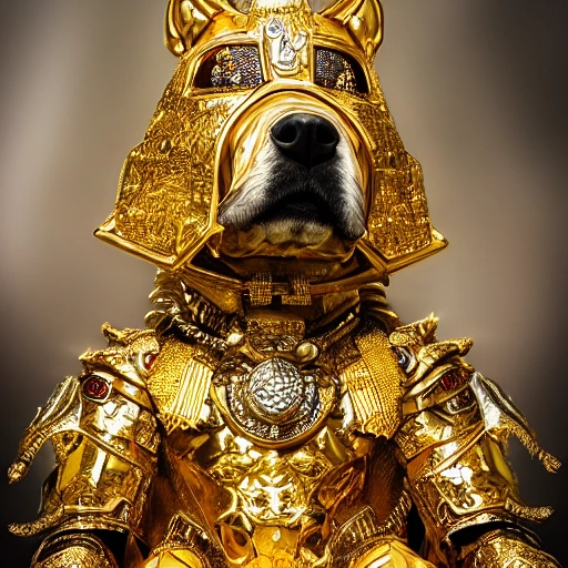 dog clinging to sacred gold armor with diamond details, seated on his canine throne being revered by his people. (highly detailed armor), hyper realistic, photography, detailed image, HDR, 8k, beautiful mood light, colorful, beautiful city, f/1.2