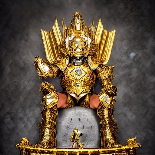 dog clinging to sacred gold armor with diamond details, seated on his canine throne being revered by his people. (highly detailed armor), hyper realistic, photography, detailed image, HDR, 8k, beautiful mood light, colorful, beautiful city, f/1.2