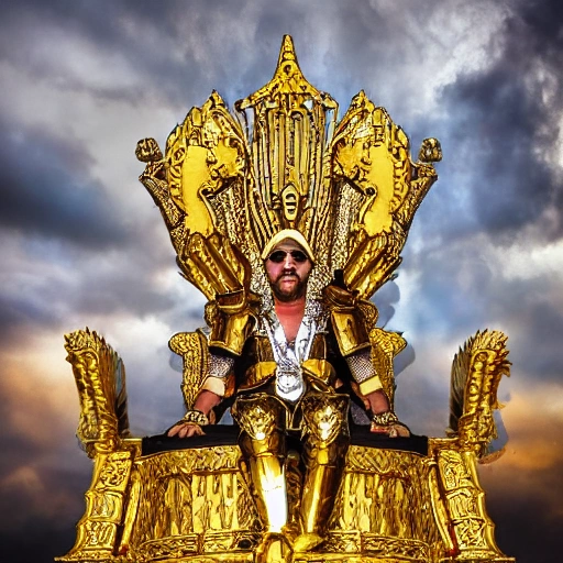 dog clinging to sacred gold armor with diamond details, seated on his canine throne being revered by his people. (highly detailed armor), hyper realistic, photography, detailed image, HDR, 8k, beautiful mood light, colorful, beautiful city, f/1.2