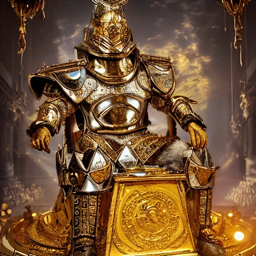 dog clinging to sacred gold armor with diamond details, seated on his canine throne being revered by his people. (highly detailed armor), hyper realistic, photography, detailed image, HDR, 8k, beautiful mood light, colorful, beautiful city, f/1.2