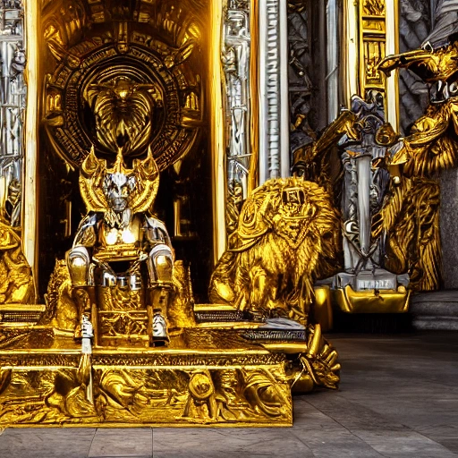 dog clinging to sacred gold armor with diamond details, seated on his canine throne being revered by his people. (highly detailed armor), hyper realistic, photography, detailed image, HDR, 8k, beautiful mood light, colorful, beautiful city, f/1.2