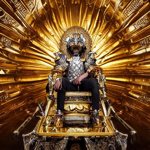 dog clinging to sacred gold armor with diamond details, seated on his canine throne being revered by his people. (highly detailed armor), hyper realistic, photography, detailed image, HDR, 8k, beautiful mood light, colorful, beautiful city, f/1.2