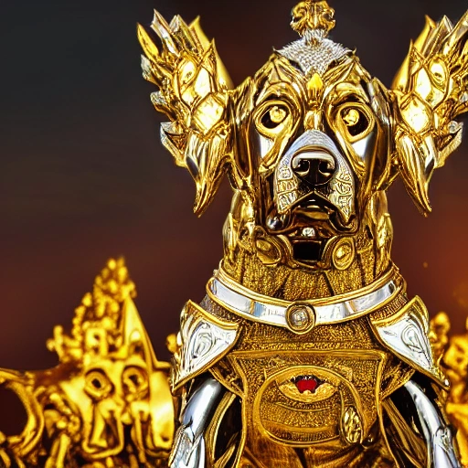 dog clinging to sacred gold armor with diamond details, seated on his canine throne being revered by his people. (highly detailed armor), hyper realistic, photography, detailed image, HDR, 8k, beautiful mood light, colorful, beautiful city, f/1.2