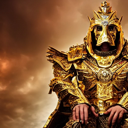 dog clinging to sacred gold armor with diamond details, seated on his canine throne being revered by his people. (highly detailed armor), hyper realistic, photography, detailed image, HDR, 8k, beautiful mood light, colorful, beautiful city, f/1.2