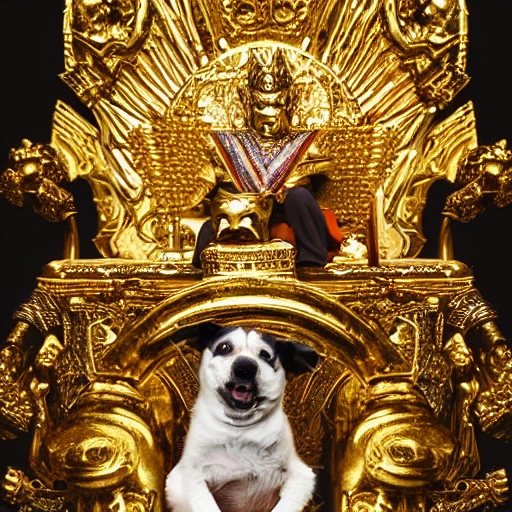 dog clinging to sacred gold armor with diamond details, seated on his canine throne being revered by his people. (highly detailed armor), hyper realistic, photography, detailed image, HDR, 8k, beautiful mood light, colorful, beautiful city, f/1.2