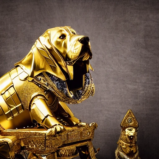 dog clinging to sacred gold armor with diamond details, seated on his canine throne being revered by his people. (highly detailed armor), hyper realistic, photography, detailed image, HDR, 8k, beautiful mood light, colorful, beautiful city, f/1.2