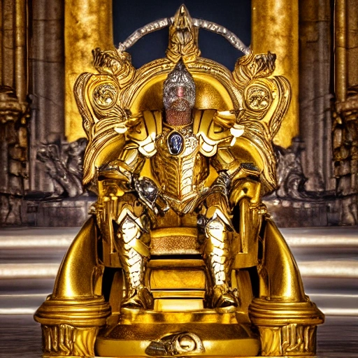 dog clinging to sacred gold armor with diamond details, seated on his canine throne being revered by his people. (highly detailed armor), hyper realistic, photography, detailed image, HDR, 8k, beautiful mood light, colorful, beautiful city, f/1.2